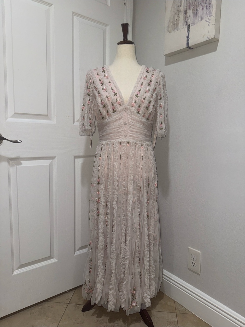 Mac Duggal Pale Pink Embroidered V-Neck Maxi Dress
